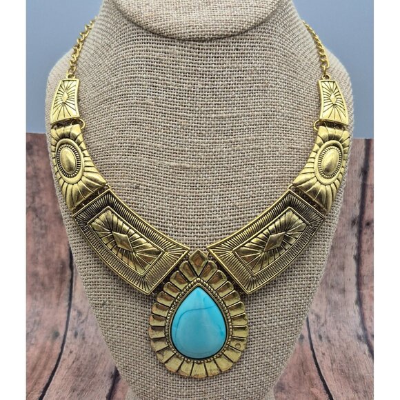 NWOT Gold Tone & Faux Turquoise Teardrop Bib Collar Necklace Southwestern 22" - Picture 9 of 10